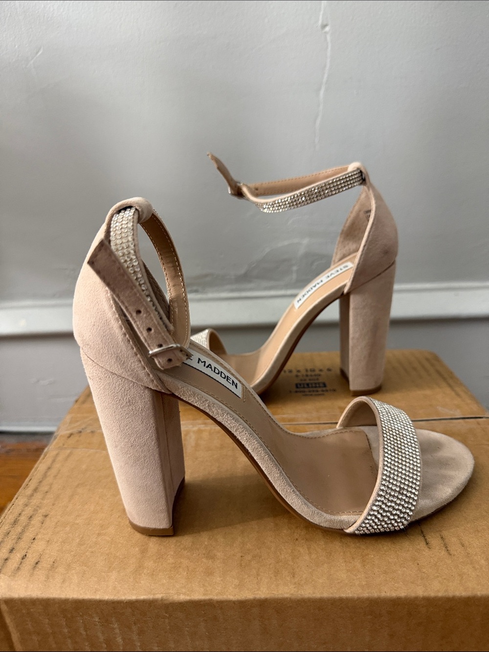 Steve Madden Nude Suede Block Heels with Crystal Straps